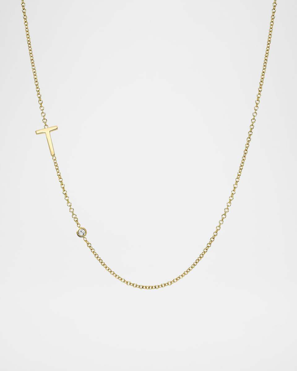 14k Gold Asymmetrical Initial and Bezel Diamond Necklace